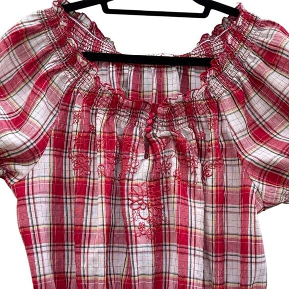 Cato Women's Red Plaid Embroidered Ruffled Smock Top Size XL - Picture 3 of 6